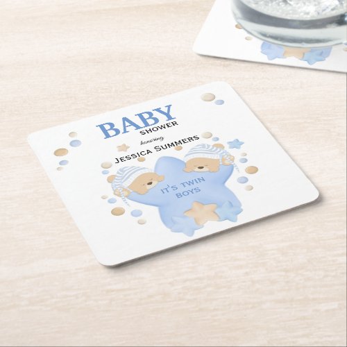 Cute Sleeping Teddy Bears Twin Baby Boys Shower Sq Square Paper Coaster