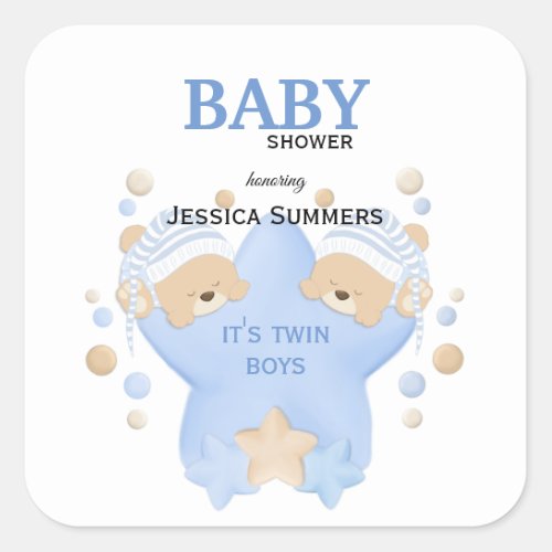 Cute Sleeping Teddy Bears Twin Baby Boys Shower Sq Square Sticker