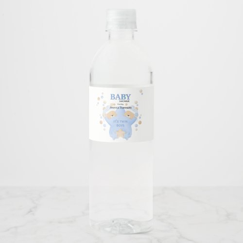 Cute Sleeping Teddy Bears Twin Baby Boys Shower Wa Water Bottle Label