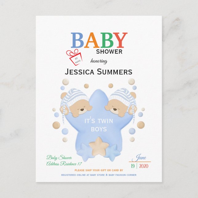 Cute Sleeping Teddy Bears Twin Boys Shower By Mail Invitation Postcard (Front)