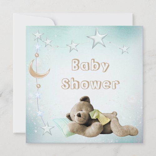 Cute Sleeping Teddy Moon  Stars Baby Shower Invitation
