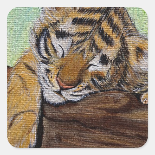 Cute Sleeping Tiger Cub Painting Square Sticker (Front)