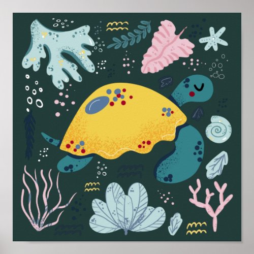 Cute Sleeping Turtle Underwater Doodle Poster