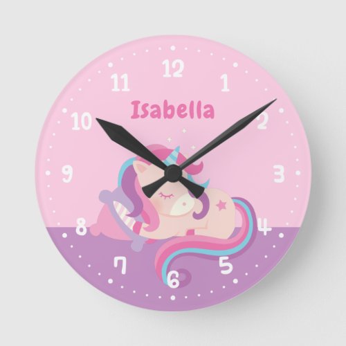 Cute Sleeping Unicorn Baby Girl Nursery Pink Round Clock