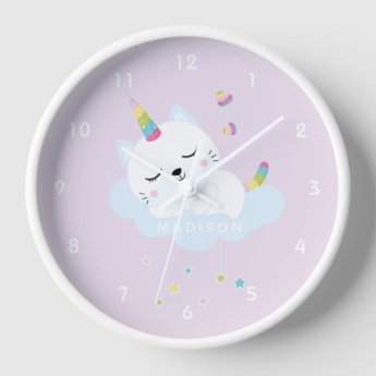Cute Sleeping Unicorn Cat - Purple Kids' Clock