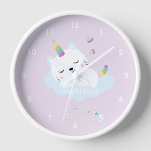Cute Sleeping Unicorn Cat _ Purple Kids Clock