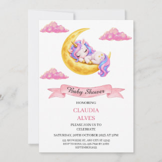 Cute Sleeping Unicorn Moon Pink Clouds Baby Shower Invitation