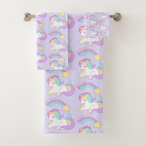 Cute Sleeping Unicorn with Colorful Shooting Star Bath Towel Set