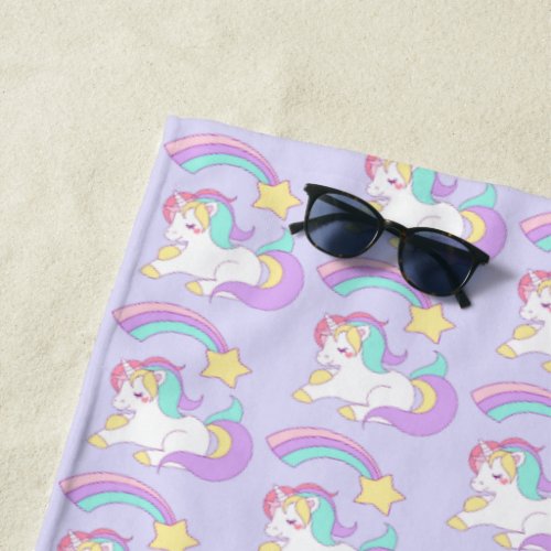 Cute Sleeping Unicorn with Colorful Shooting Star Beach Towel