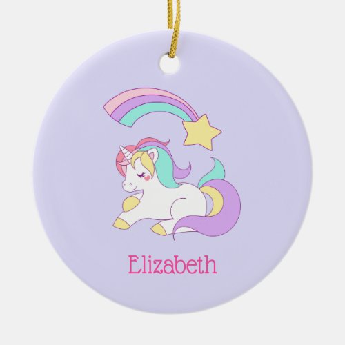 Cute Sleeping Unicorn with Colorful Shooting Star Ceramic Ornament