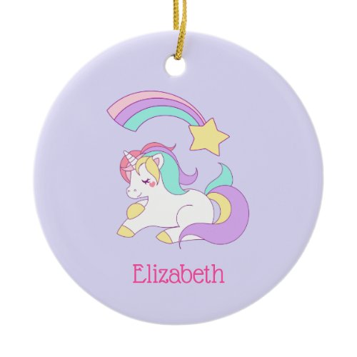 Cute Sleeping Unicorn with Colorful Shooting Star Ceramic Ornament