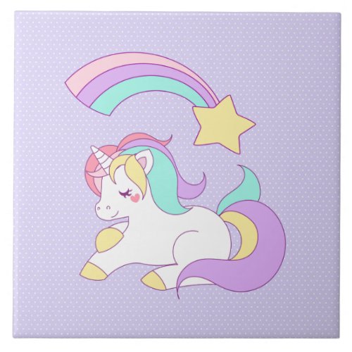 Cute Sleeping Unicorn with Colorful Shooting Star Ceramic Tile