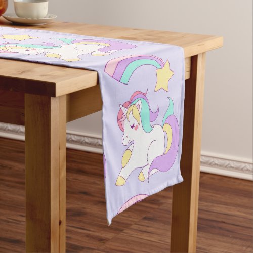 Cute Sleeping Unicorn with Colorful Shooting Star Short Table Runner