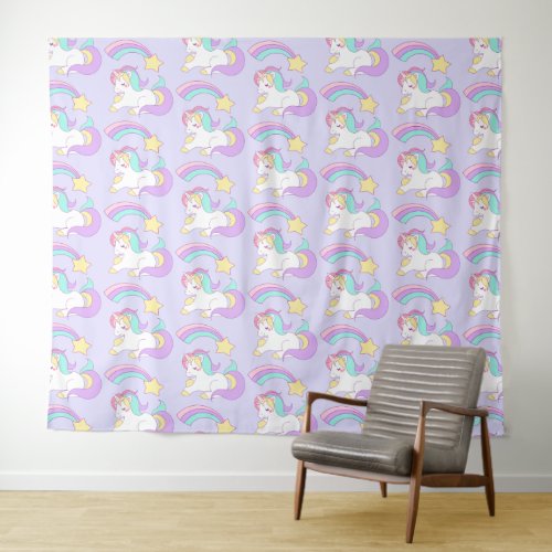 Cute Sleeping Unicorn with Colorful Shooting Star Tapestry