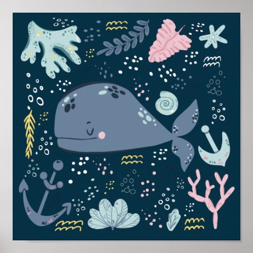 Cute Sleeping Whale Underwater Doodle Poster