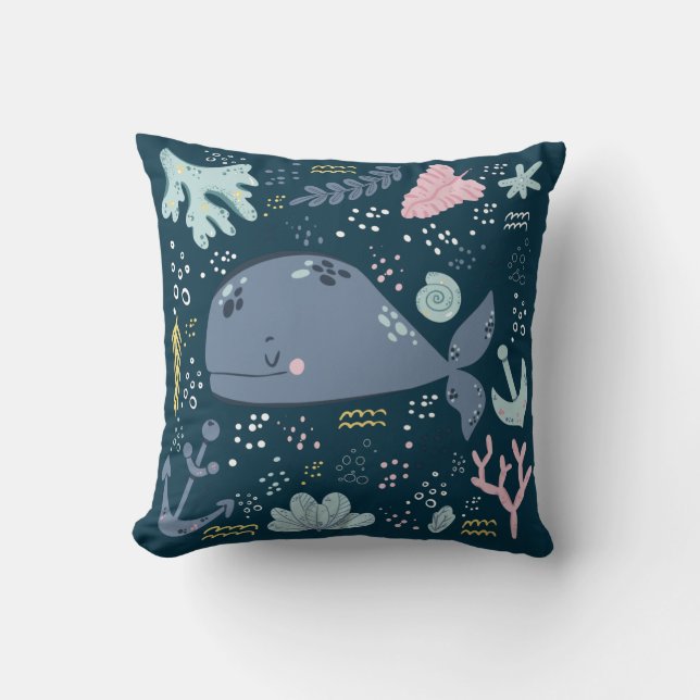 Cute Sleeping Whale Underwater Doodle Throw Pillow (Front)