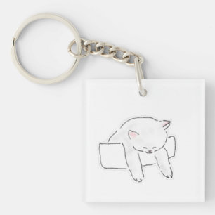 Cute Sleeping White Cat In Box Hand Drawn Art Keychain
