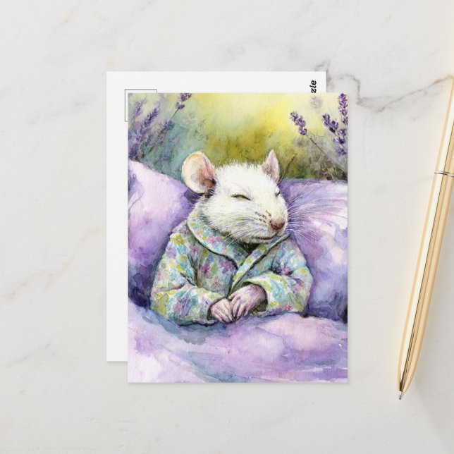 Cute Sleeping White Mouse Postcard (Front/Back In Situ)
