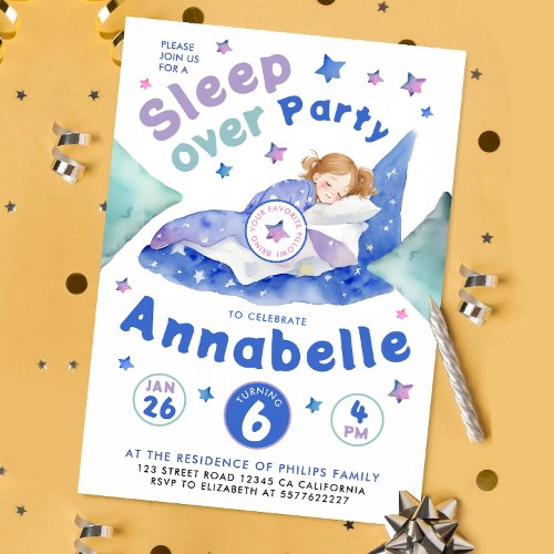 Cute Sleepover Birthday Pajamas Party Watercolor Invitation