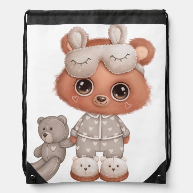 Cute Sleepy Bear Back Pack Drawstring Bag (Front)