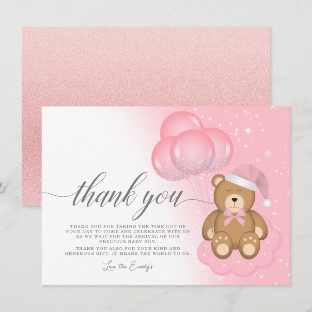 Cute Sleepy Bear Girl Baby Shower Thank You Card (Front/Back)