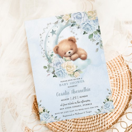 Cute Sleepy Bear Moon Blue Floral Boy Baby Shower Invitation