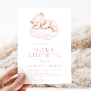 Cute Sleepy Bear Pink Baby Shower  Invitation