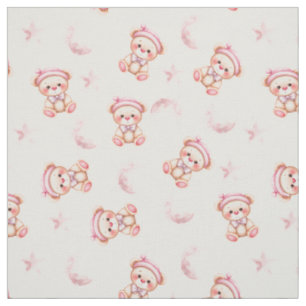 Cute Sleepy Bear with Moon and Stars Seamless  Fabric