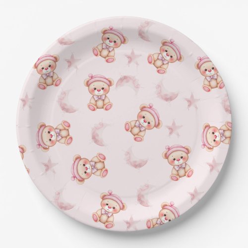 Cute Sleepy Bear with Moon and Stars Seamless  Paper Plates