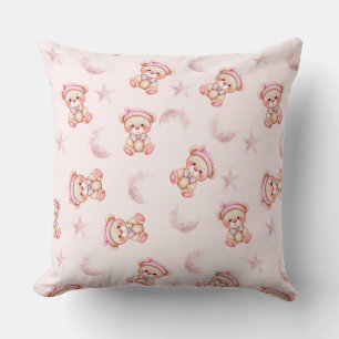 Cute Sleepy Bear with Moon and Stars Seamless Throw Pillow