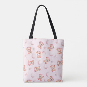 Cute Sleepy Bear with Moon and Stars Seamless Tote Bag