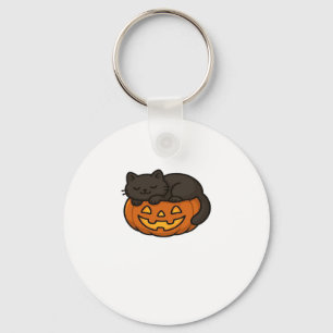 Cute Sleepy Black Cat on a Pumpkin Halloween Essen Keychain