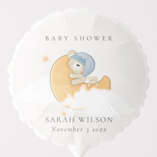 Cute Sleepy Blue Bear Over Moon Boy Baby Shower Balloon