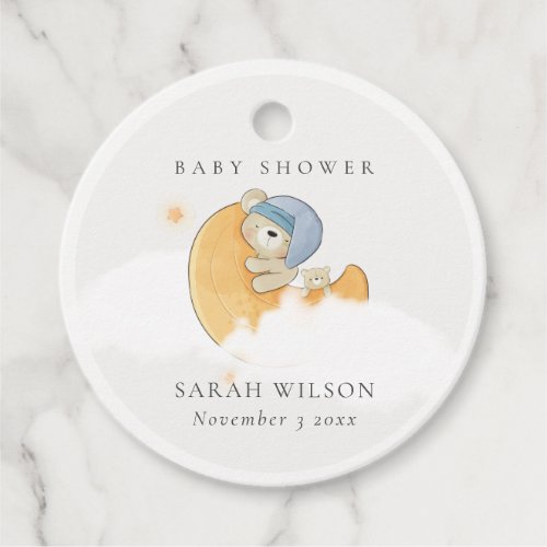 Cute Sleepy Blue Bear Over Moon Boy Baby Shower Favor Tags