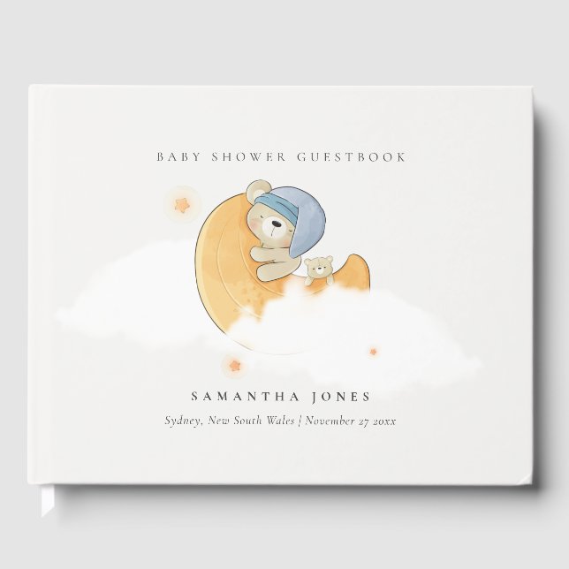 Cute Sleepy Blue Bear Over Moon Boy Baby Shower Guest Book (Front)