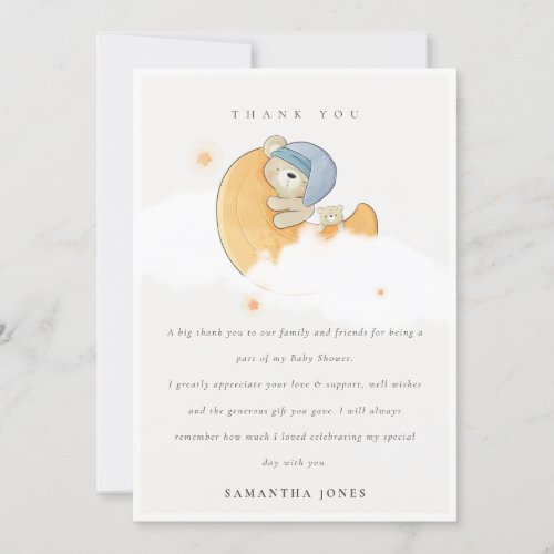 Cute Sleepy Blue Bear Over Moon Boy Baby Shower Thank You Card