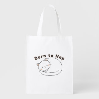 Cute Sleepy Cat “Born to Nap” Line Art Design Grocery Bag