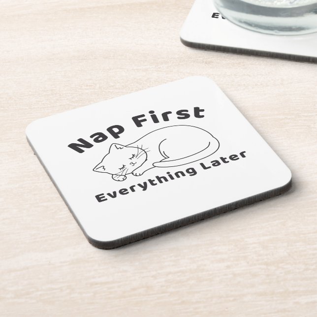 Cute Sleepy Cat “Nap First” Line Art Design Beverage Coaster (Left Side)