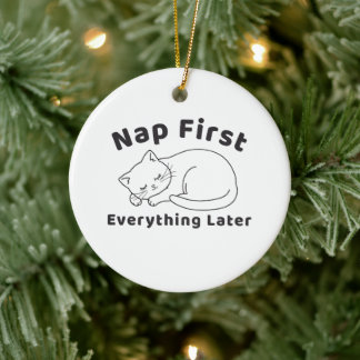 Cute Sleepy Cat “Nap First” Line Art Design Ceramic Ornament