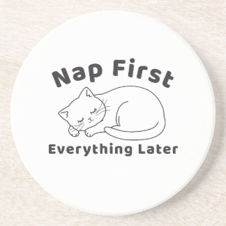 Cute Sleepy Cat “Nap First” Line Art Design Coaster
