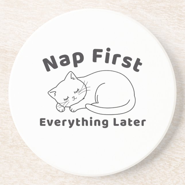 Cute Sleepy Cat “Nap First” Line Art Design Coaster (Front)