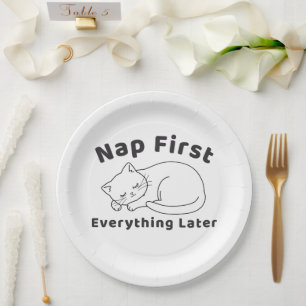 Cute Sleepy Cat “Nap First” Line Art Design Paper Plates