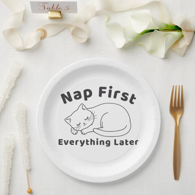 Cute Sleepy Cat “Nap First” Line Art Design Paper Plates (Wedding)