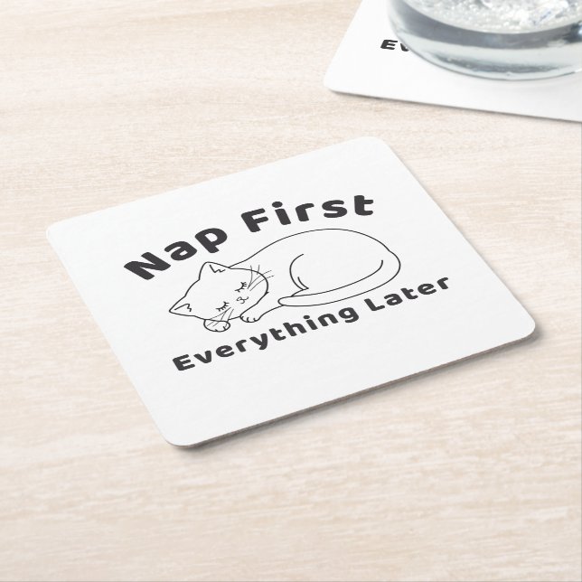 Cute Sleepy Cat “Nap First” Line Art Design Square Paper Coaster (Angled)