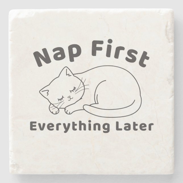 Cute Sleepy Cat “Nap First” Line Art Design Stone Coaster (Front)