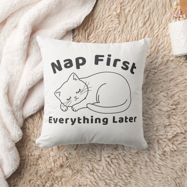 Cute Sleepy Cat “Nap First” Line Art Design Throw Pillow (Blanket)