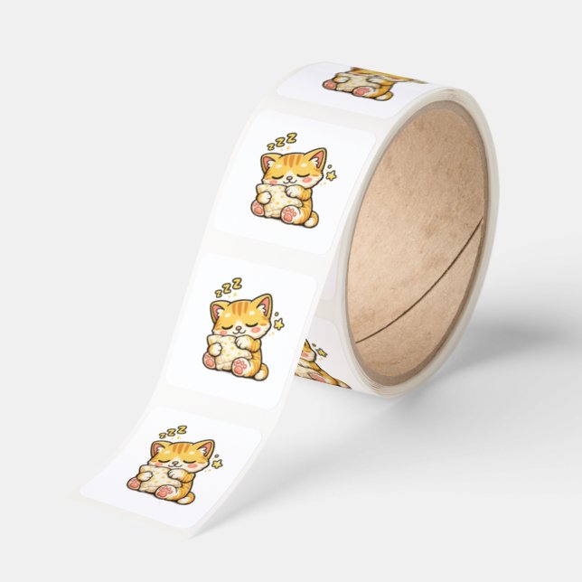 Cute Sleepy Cat Pillow Square Sticker (Roll)