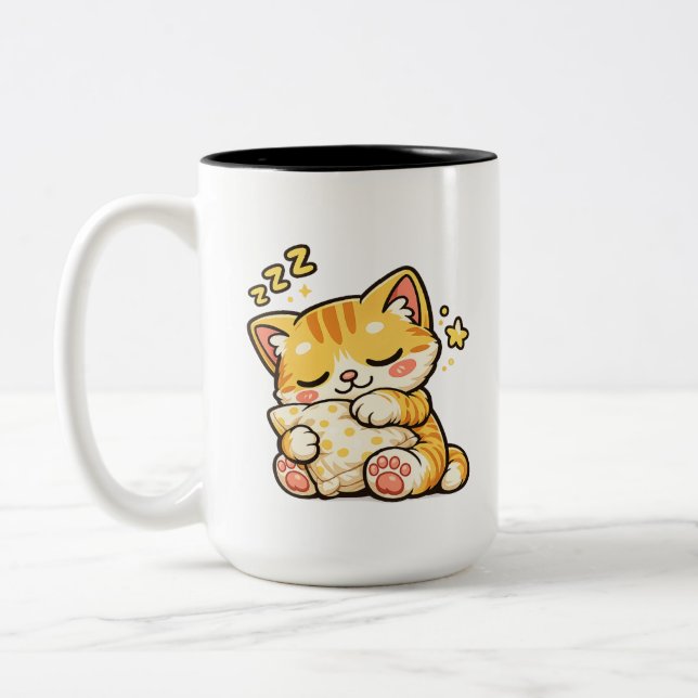 Cute Sleepy Cat Pillow Two-Tone Coffee Mug (Left)