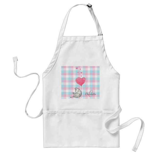 Cute Sleepy Cat Pink Blue Monogram Adult Apron (Front)
