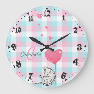 Cute Sleepy Cat Pink Blue Monogram Large Clock
